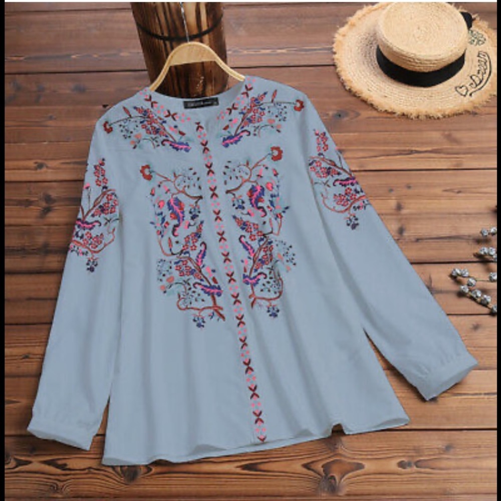 Zanzea Blue Long Sleeve Embroidered Boho Top XL